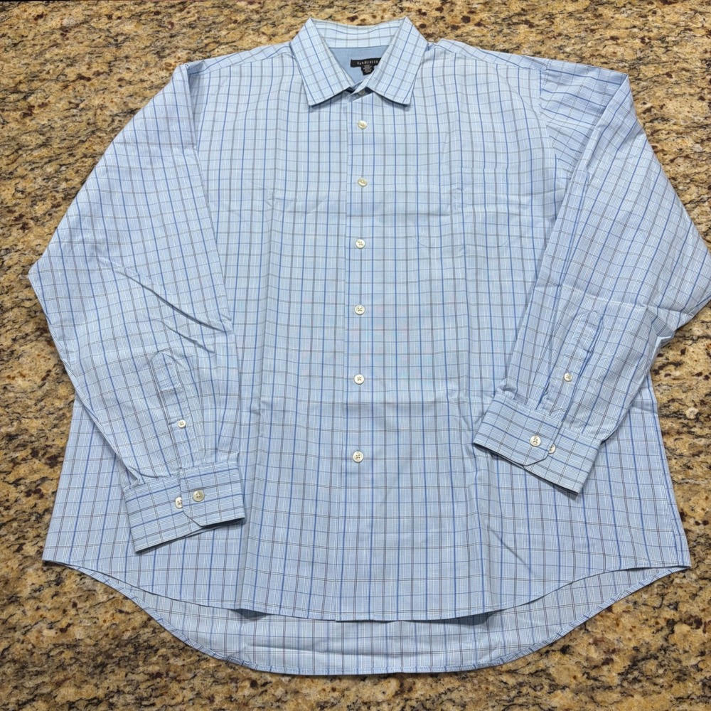 Van Heusen Mens XL Blue Plaid Long Sleeve Button Down Dress Shirt 17-17.5